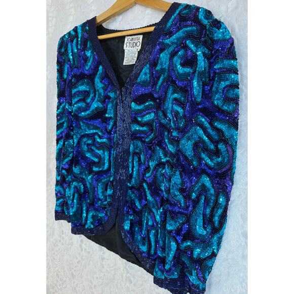 VTG 80s 90s Joan Leslie Studios Silk Sequin Beaded Abstract Glam Party Jacket Sm - Picture 2 of 10
